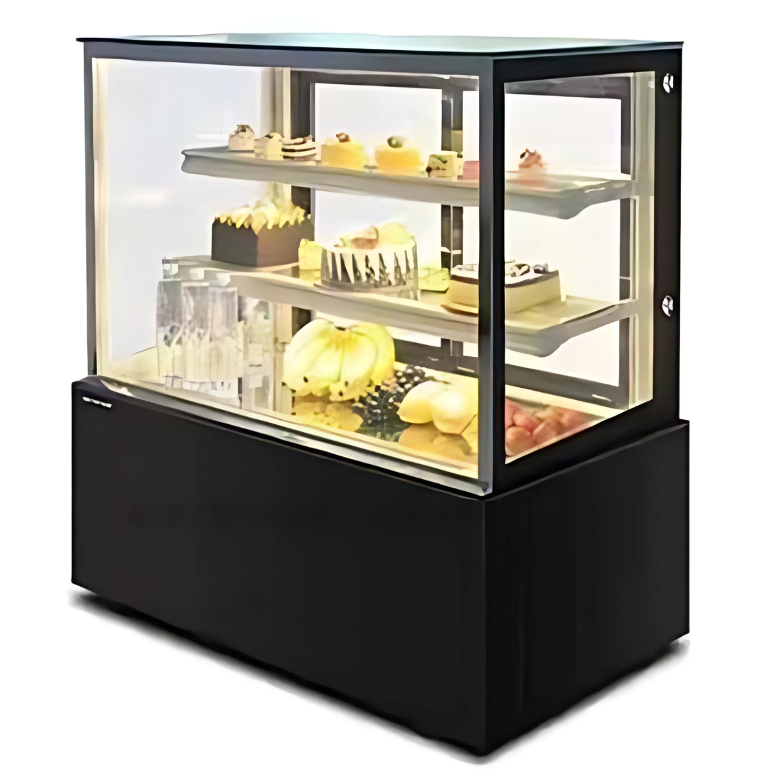 Vitrina expositora refrigerada ventilada con cristal recto y 2 o 3 estantes de cristal.