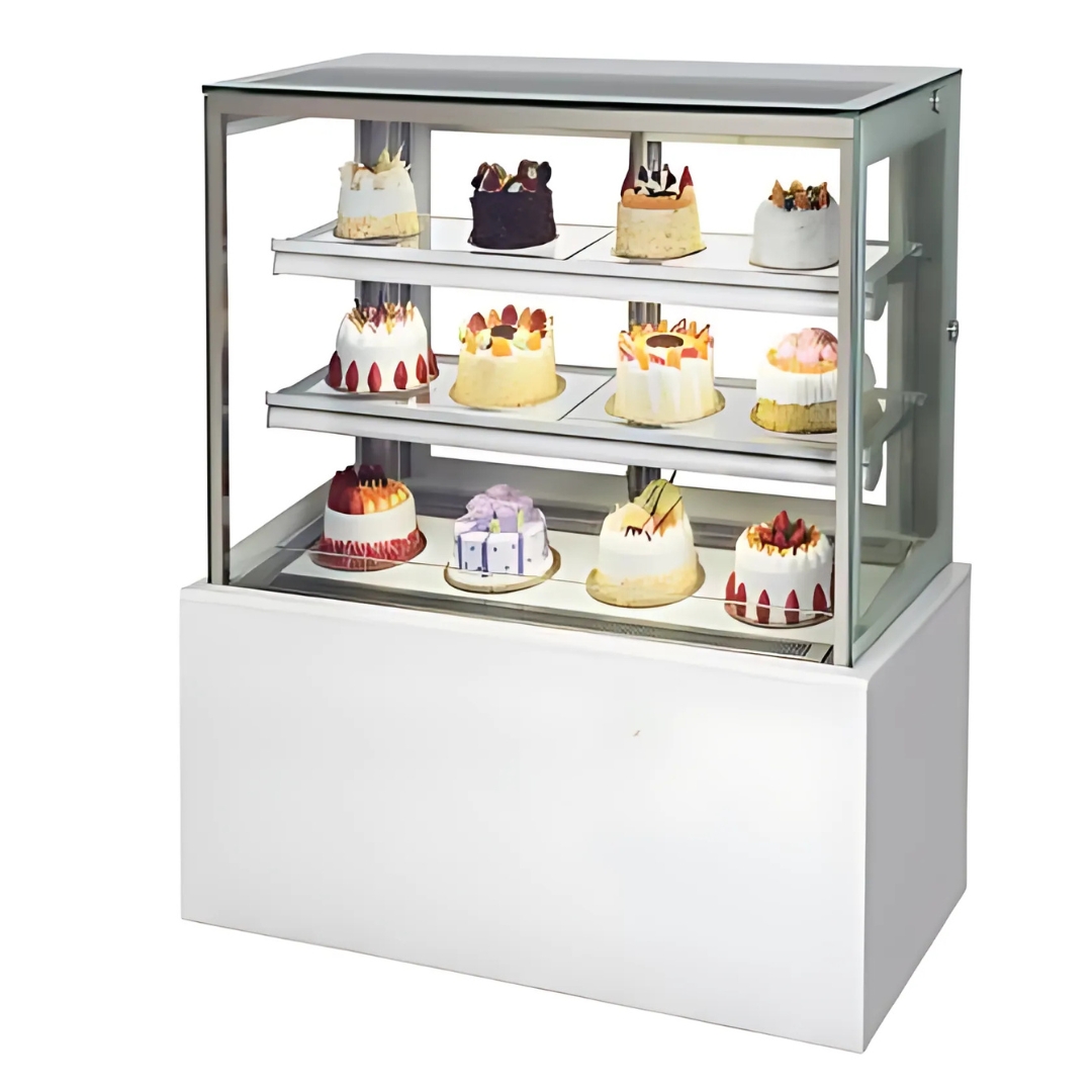 Vitrina expositora refrigerada ventilada con cristal recto y 2 o 3 estantes de cristal.